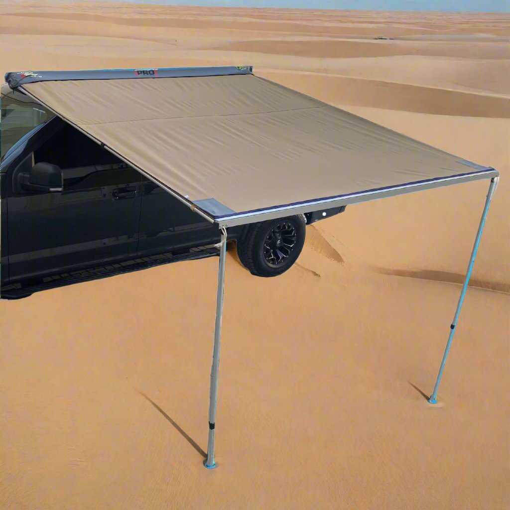 Dubai4WD awning, ideal for camping adventures. It deploys quickly, and is easily mounted on your roof rack or bars.